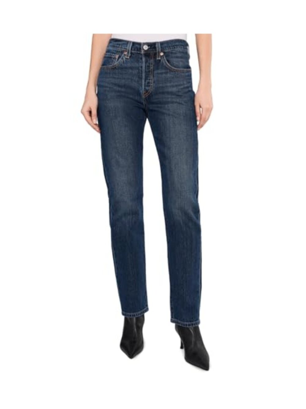 Mid Rise Straight Leg Jeans Button Fly Relaxed Fit Cotton Blend Denim